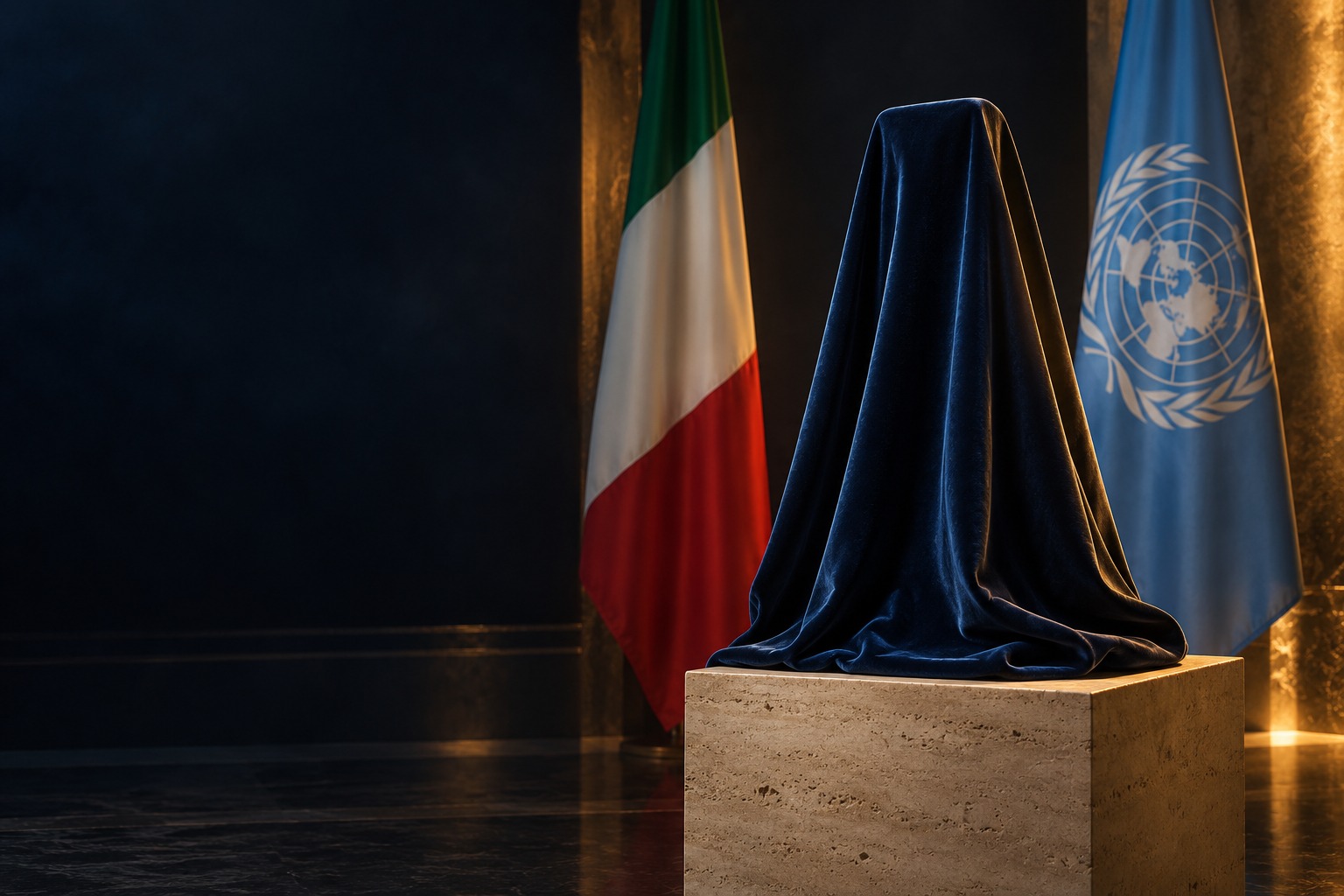 Illustrazione evocativa: un trofeo velato tra la bandiera italiana e quella delle Nazioni Unite